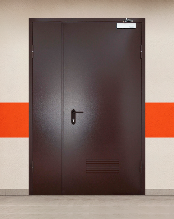 Противопожарная полуторная коричневая дверь порошковым напылением EIS 60 с прямоугольной решеткой
