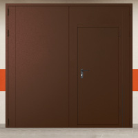 Ворота металлические двустворчатые коричневые с дверью без доводчика