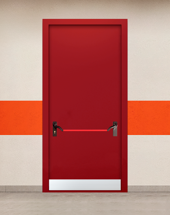 Противопожарная однопольная красная дверь EIWS 60 без доводчика с ручкой антипаника, узким отбойником