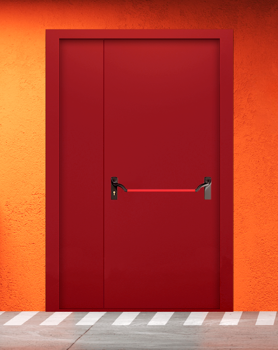 Противопожарная полуторная красная дверь EIW 60 без доводчика с ручкой антипаника