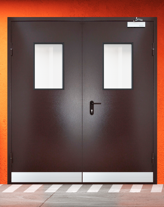 Противопожарная двупольная коричневая дверь порошковым напылением EIWS 30 с прямоугольным окном, узким отбойником
