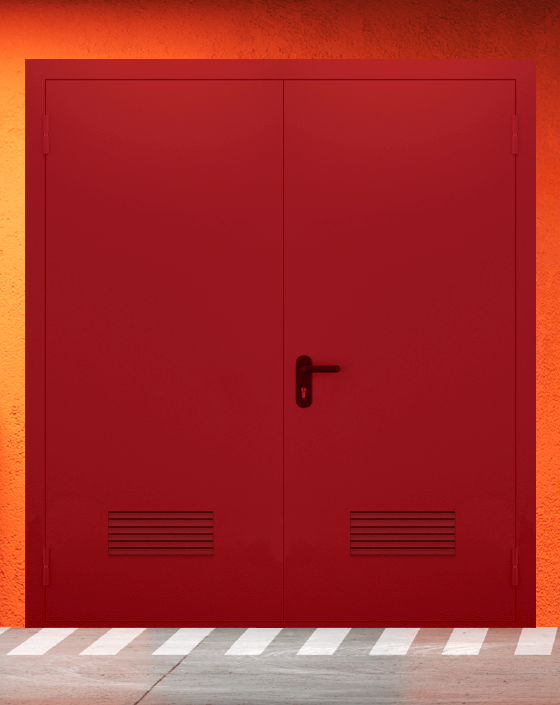 Противопожарная двупольная красная дверь EIWS 90 без доводчика с прямоугольной решеткой