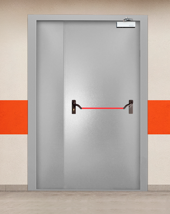 Противопожарная полуторная серая дверь порошковым напылением EI-90 с ручкой антипаника