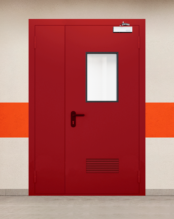 Противопожарная полуторная красная дверь EI 60 (2-го типа) с прямоугольным окном, прямоугольной решеткой