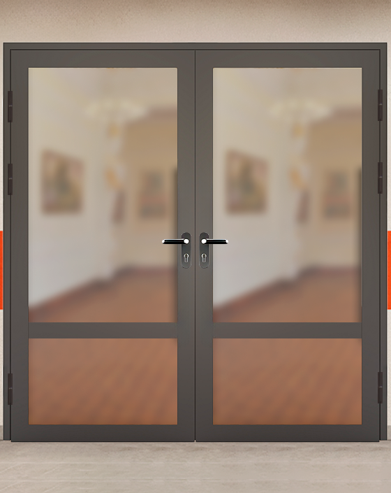 Противопожарная двупольная светопрозрачная стальная коричневая дверь EIW 30 без доводчика с блестящей ручкой