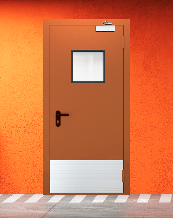 Противопожарная однопольная коричневая дверь EI 60 (2-го типа) с квадратным окном, широким отбойником