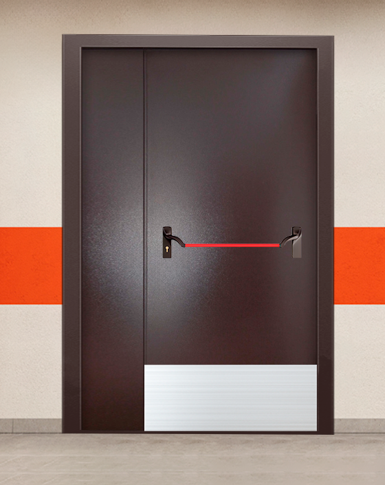 Противопожарная полуторная коричневая дверь порошковым напылением EIS 90 без доводчика с ручкой антипаника, широким отбойником