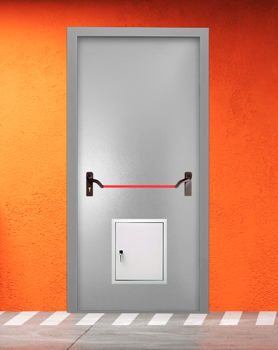 Противопожарная однопольная серая дверь порошковым напылением EIS 45 без доводчика с ручкой антипаника, стыковочным узлом