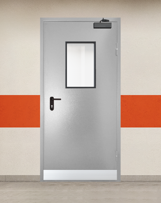 Противопожарная однопольная серая дверь порошковым напылением EI 90 с прямоугольным окном, узким отбойником