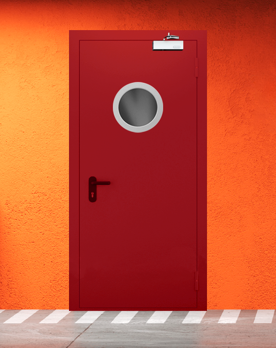 Противопожарная однопольная красная дверь EIW 45 с круглым окном