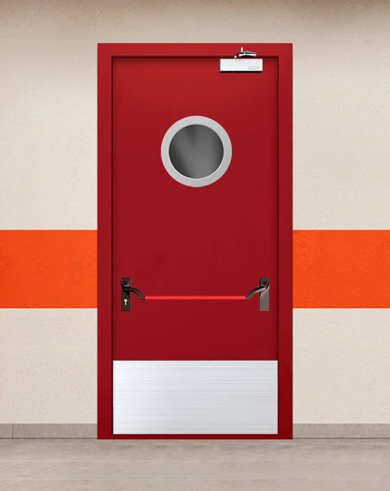 Противопожарная однопольная красная дверь EIWS 60 с ручкой антипаника, круглым окном, широким отбойником