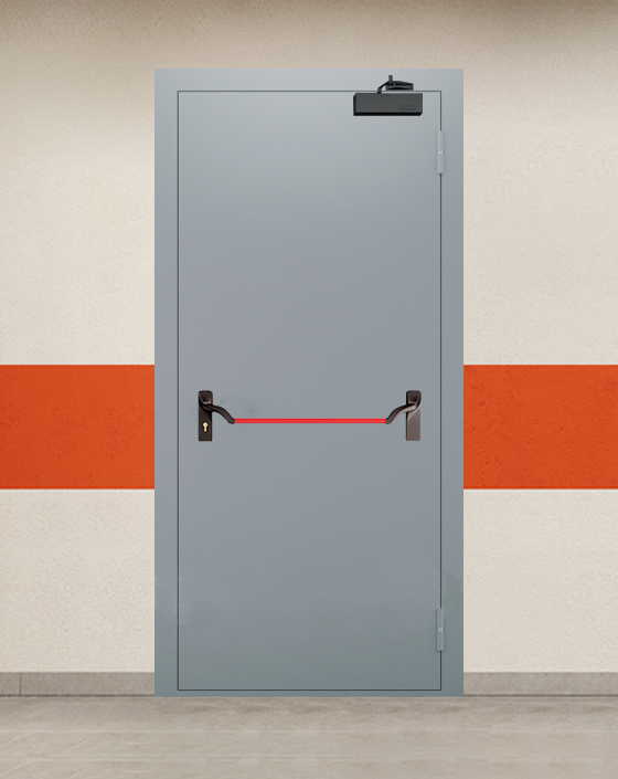 Противопожарная однопольная серая дверь EIW 30 с ручкой антипаника