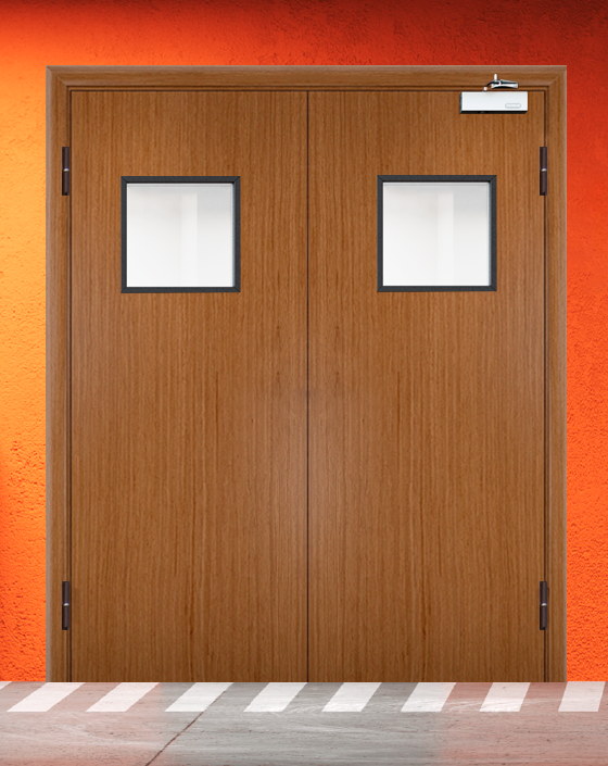 Противопожарная двупольная шпон дверь с квадратным окном