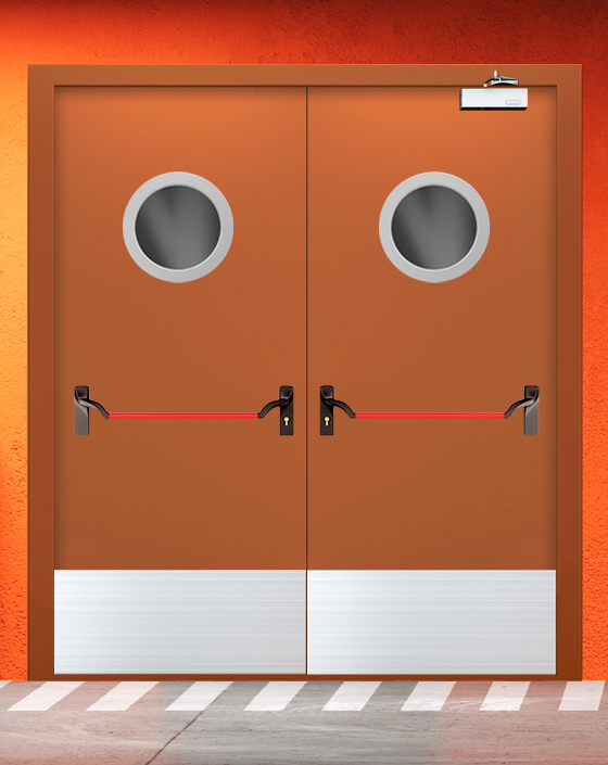 Противопожарная двупольная коричневая дверь EIS 60 с ручкой антипаника, круглым окном, широким отбойником