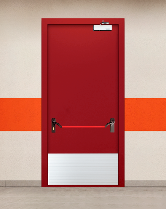 Противопожарная однопольная красная дверь EIWS 60 с ручкой антипаника, широким отбойником