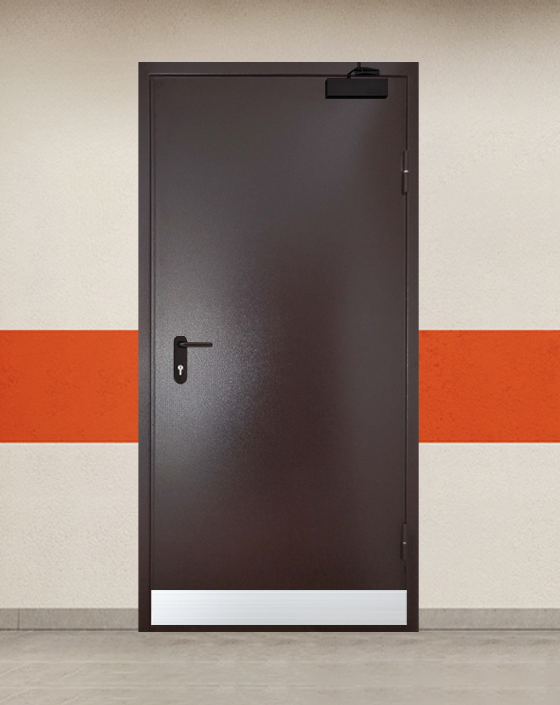 Противопожарная однопольная коричневая дверь порошковым напылением EI 90 с узким отбойником