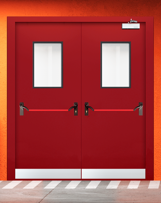 Противопожарная двупольная красная дверь EIW 45 с ручкой антипаника, прямоугольным окном, узким отбойником