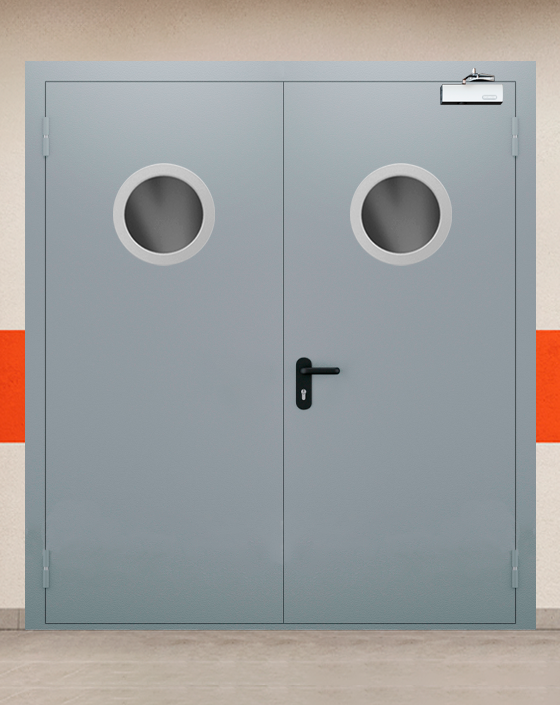 Противопожарная двупольная серая дверь EI-90 с круглым окном