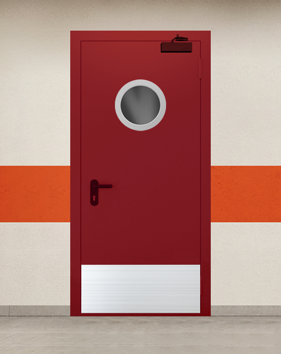 Противопожарная однопольная красная дверь EI 45 с круглым окном, широким отбойником