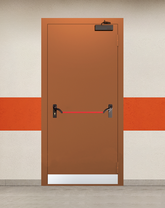 Противопожарная однопольная коричневая дверь EI 90 с ручкой антипаника, узким отбойником