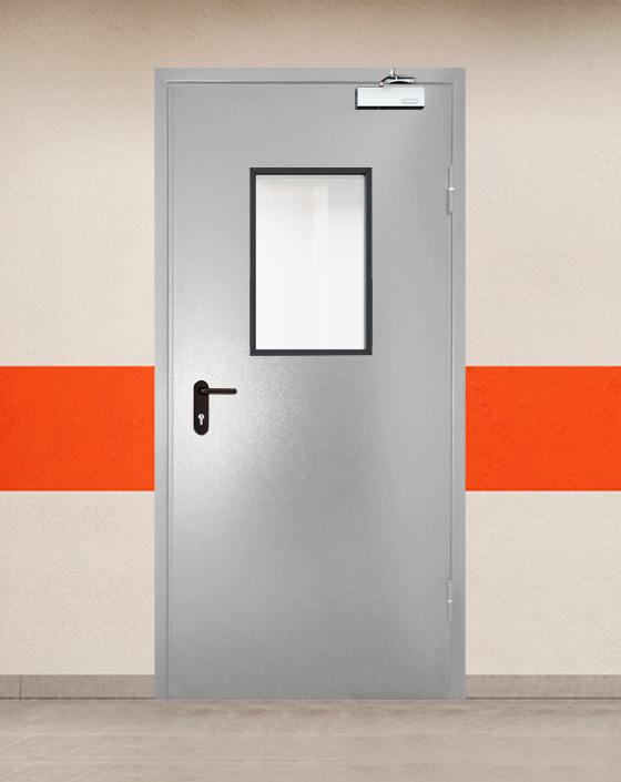 Противопожарная однопольная серая дверь порошковым напылением EI 45 с прямоугольным окном
