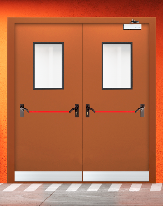 Противопожарная двупольная коричневая дверь EIS 60 с ручкой антипаника, прямоугольным окном, узким отбойником