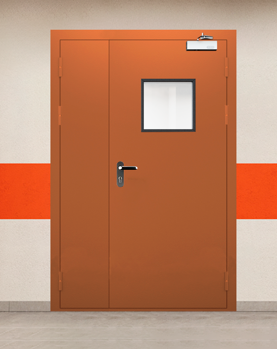 Противопожарная полуторная коричневая дверь EIS 45 с блестящей ручкой, квадратным окном