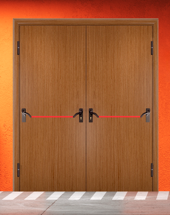 Противопожарная двупольная шпон дверь без доводчика с ручкой антипаника