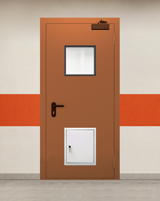 Противопожарная однопольная коричневая дверь EI 45 с квадратным окном, стыковочным узлом