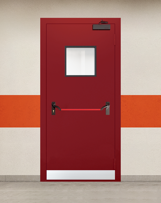 Противопожарная однопольная красная дверь EI 90 с ручкой антипаника, квадратным окном, узким отбойником