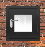 Люк металлический черный с окном и блестящей ручкой