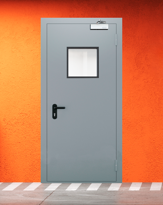 Противопожарная однопольная серая дверь EI 30 (3-го типа) с квадратным окном